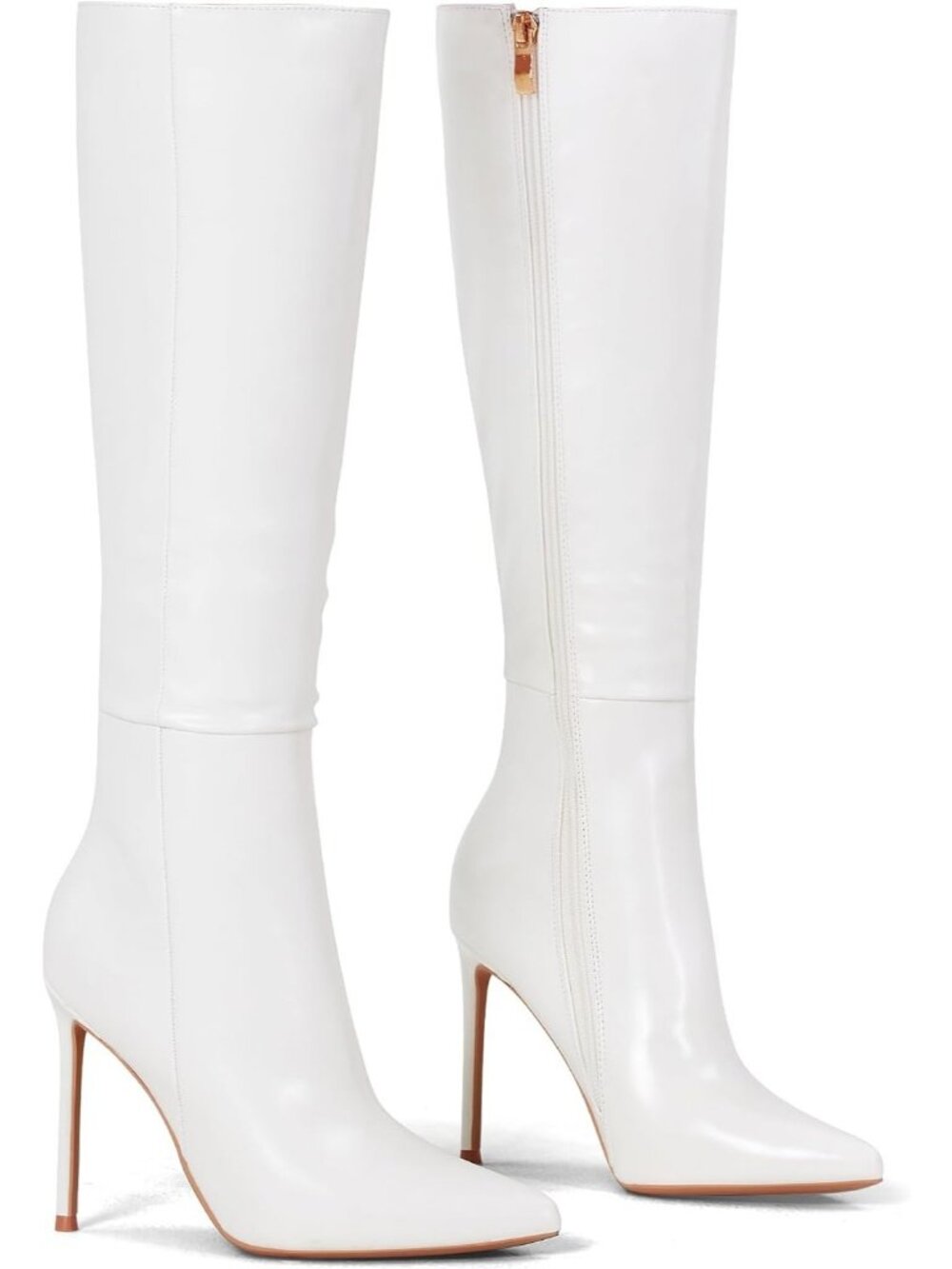 Women's Chaste White Stiletto Heel Closed Toe Knee High Zipper Ankle Booties - Picture 5 of 6